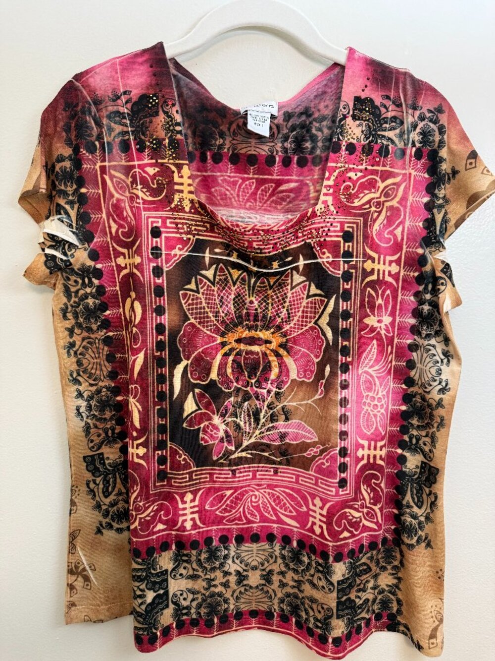 Chicos Blouse Womens‎ Size 1 Medium 8 Artsy Red Multicolor Cap Sleeves Pullover